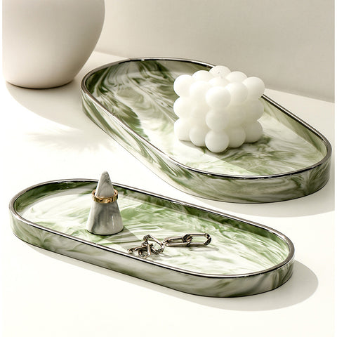 Luxurious Silver-Edged Ceramic Oval Tray with Marble Pattern - Jewelry Storage and Dessert Plate