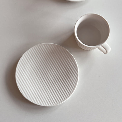 Milky White Matte Ribbed Latte Cup and Saucer - Coffee Mug Set