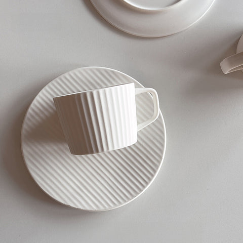 Milky White Matte Ribbed Latte Cup and Saucer - Coffee Mug Set