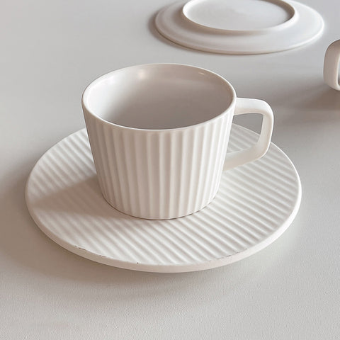 Milky White Matte Ribbed Latte Cup and Saucer - Coffee Mug Set