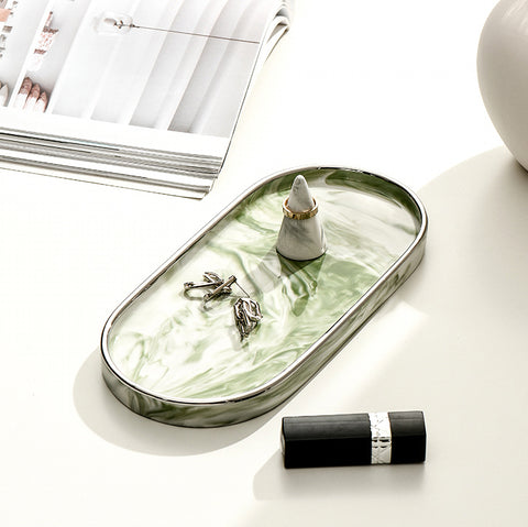 Luxurious Silver-Edged Ceramic Oval Tray with Marble Pattern - Jewelry Storage and Dessert Plate