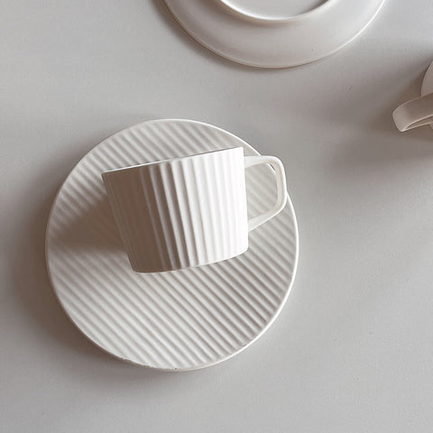 Milky White Matte Ribbed Latte Cup and Saucer - Coffee Mug Set