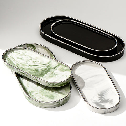 Luxurious Silver-Edged Ceramic Oval Tray with Marble Pattern - Jewelry Storage and Dessert Plate