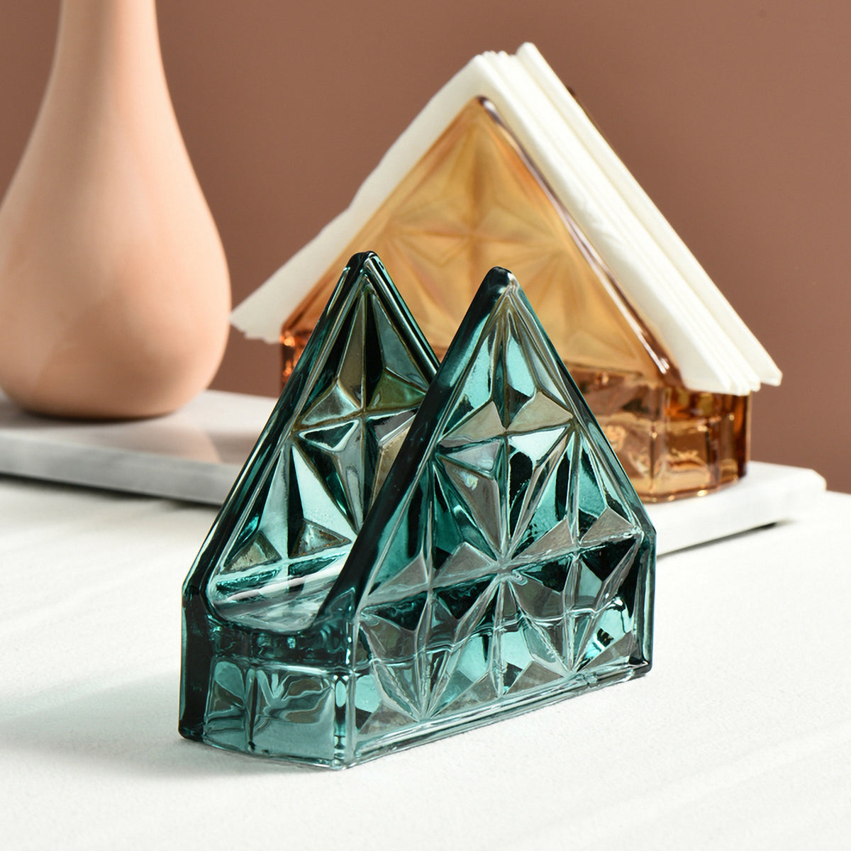 Artisanal Faceted Glass Napkin Holders - Elegant Tabletop Accessories