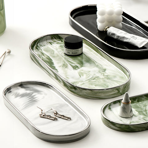 Luxurious Silver-Edged Ceramic Oval Tray with Marble Pattern - Jewelry Storage and Dessert Plate